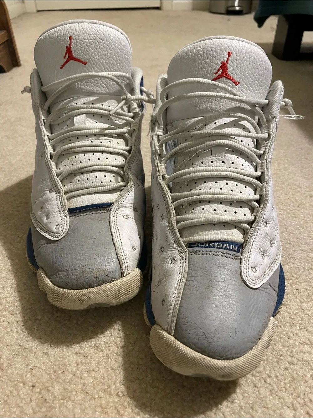 Jordan Men's White Gray Blue Athletic Sneakers with Red Jumpman